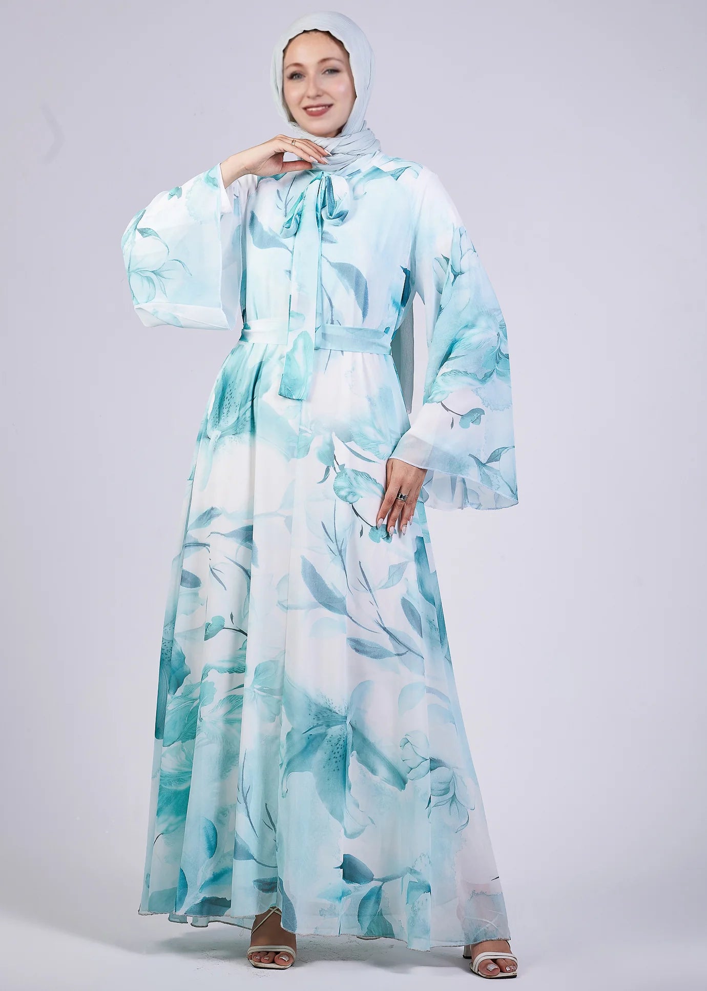 Modest Blue Floral Chiffon Maxi Dress