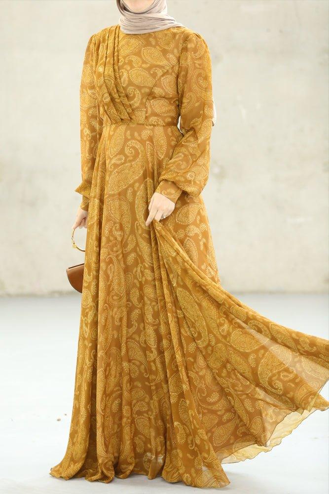 Golden Paisley Chiffon Maxi Dress
