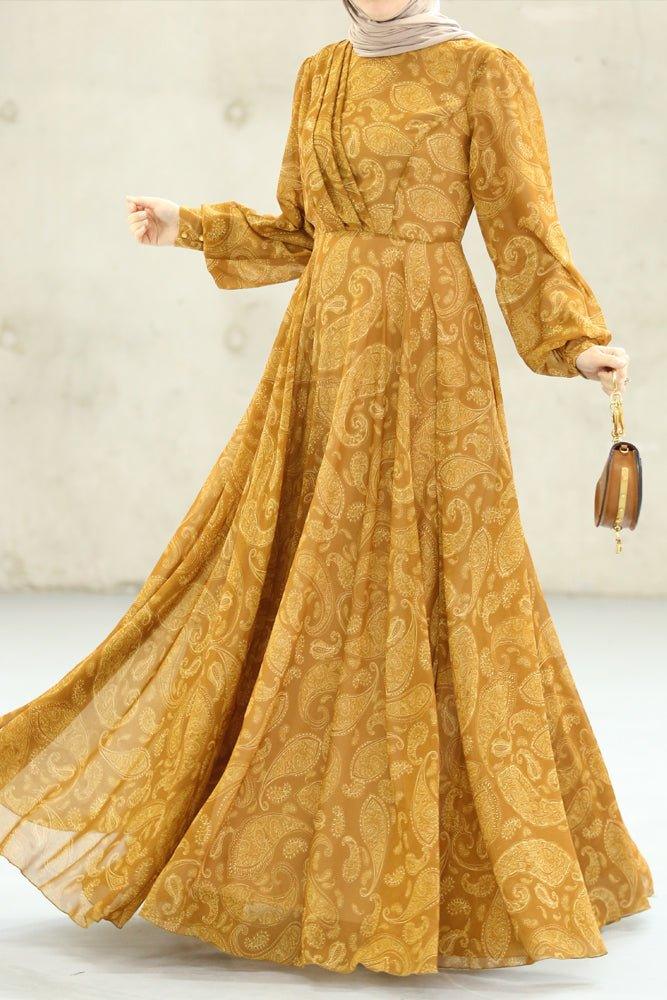 Golden Paisley Chiffon Maxi Dress