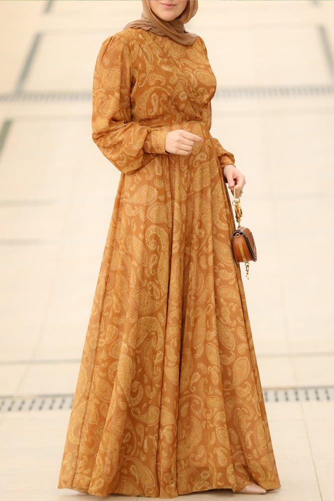 Golden Paisley Chiffon Maxi Dress