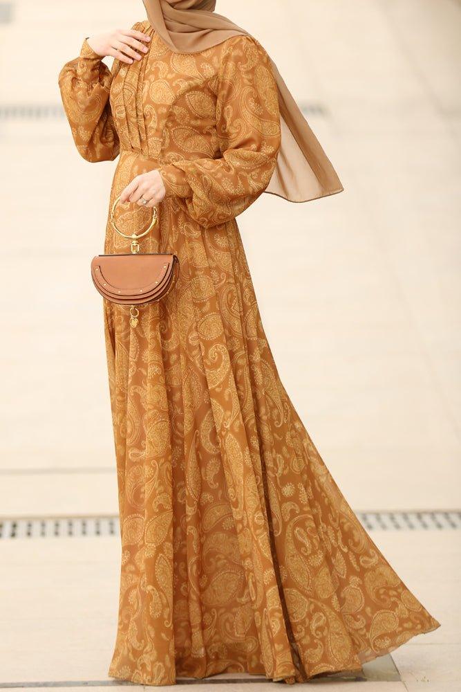 Golden Paisley Chiffon Maxi Dress