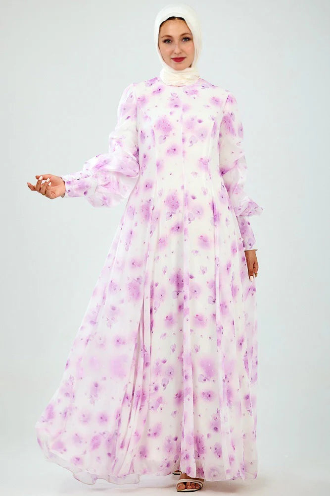 Yara Bloom | Flared Sleeve High Neck Maxi in Floral Chiffon