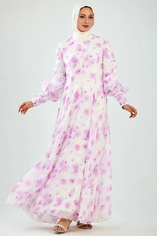 Yara Bloom | Flared Sleeve High Neck Maxi in Floral Chiffon