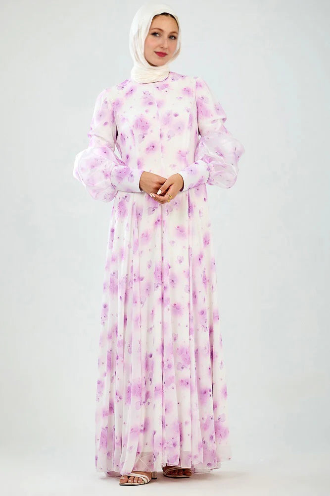 Yara Bloom | Flared Sleeve High Neck Maxi in Floral Chiffon