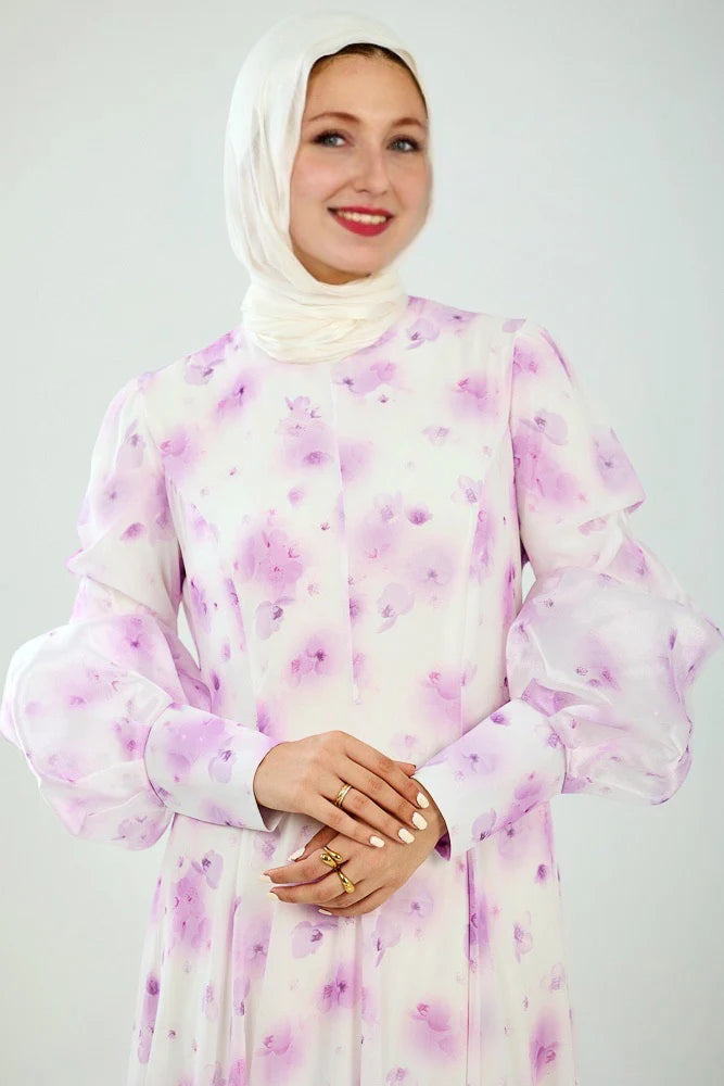 Yara Bloom | Flared Sleeve High Neck Maxi in Floral Chiffon