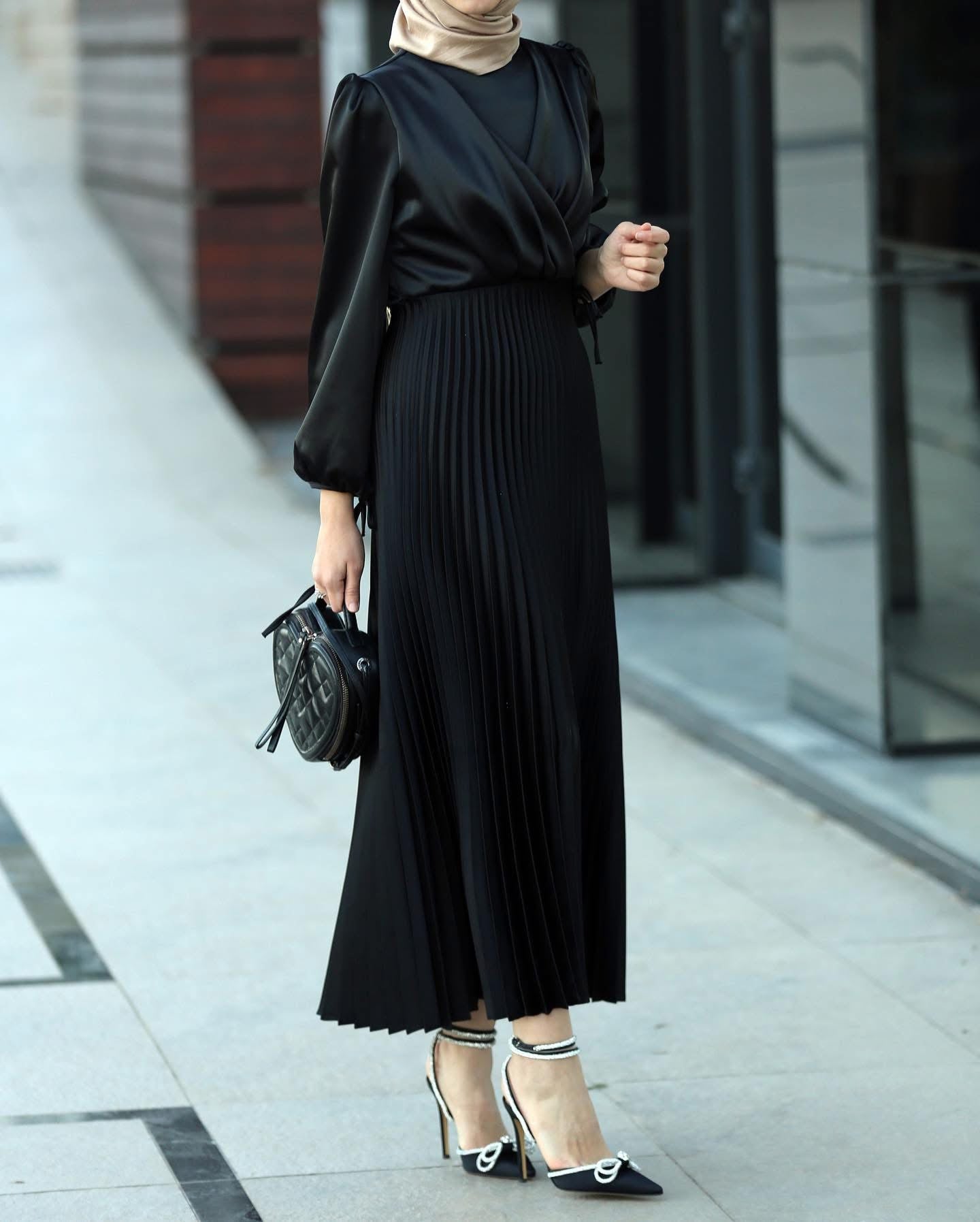 Hanin Black Modest Satin Maxi Dress