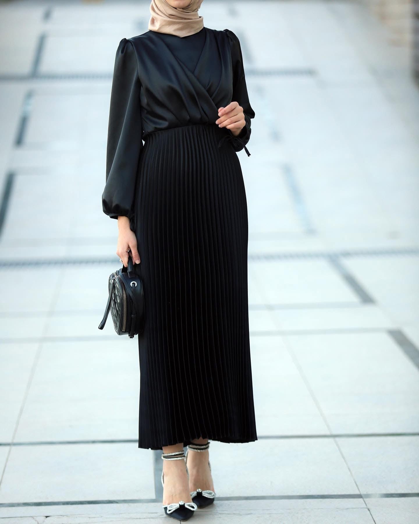 Hanin Black Modest Satin Maxi Dress