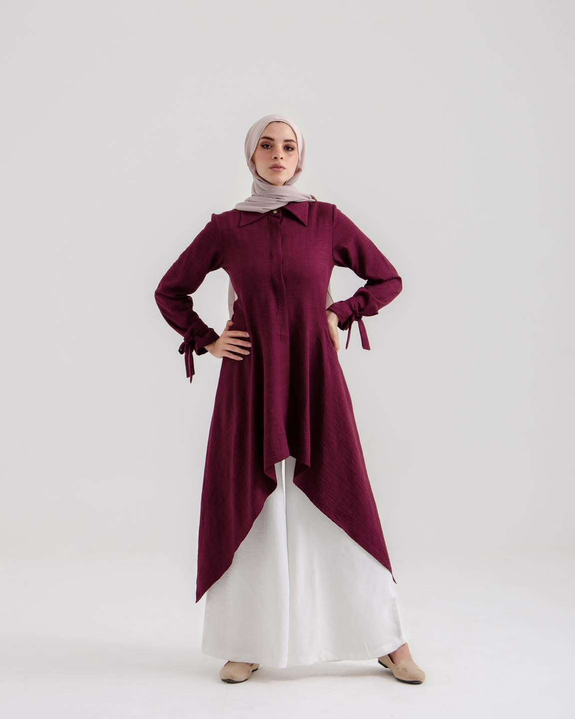 Sahar Plum Drape | Asymmetrical Modest Tunic with Tied Sleeve