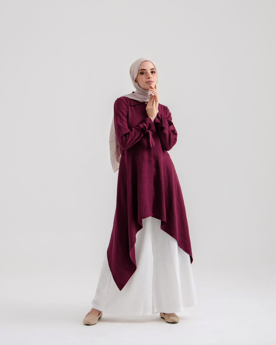 Sahar Plum Drape | Asymmetrical Modest Tunic with Tied Sleeve