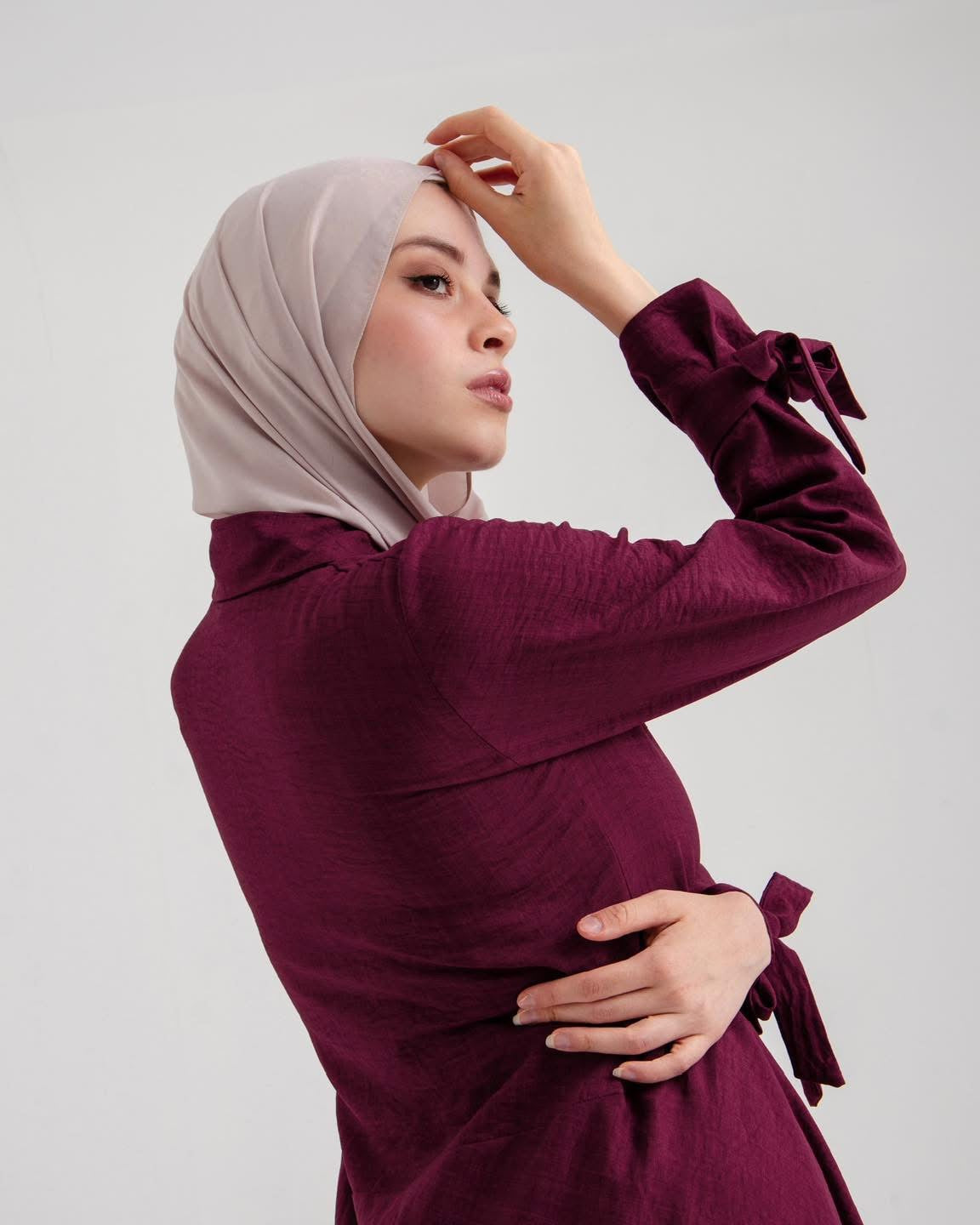 Sahar Plum Drape | Asymmetrical Modest Tunic with Tied Sleeve