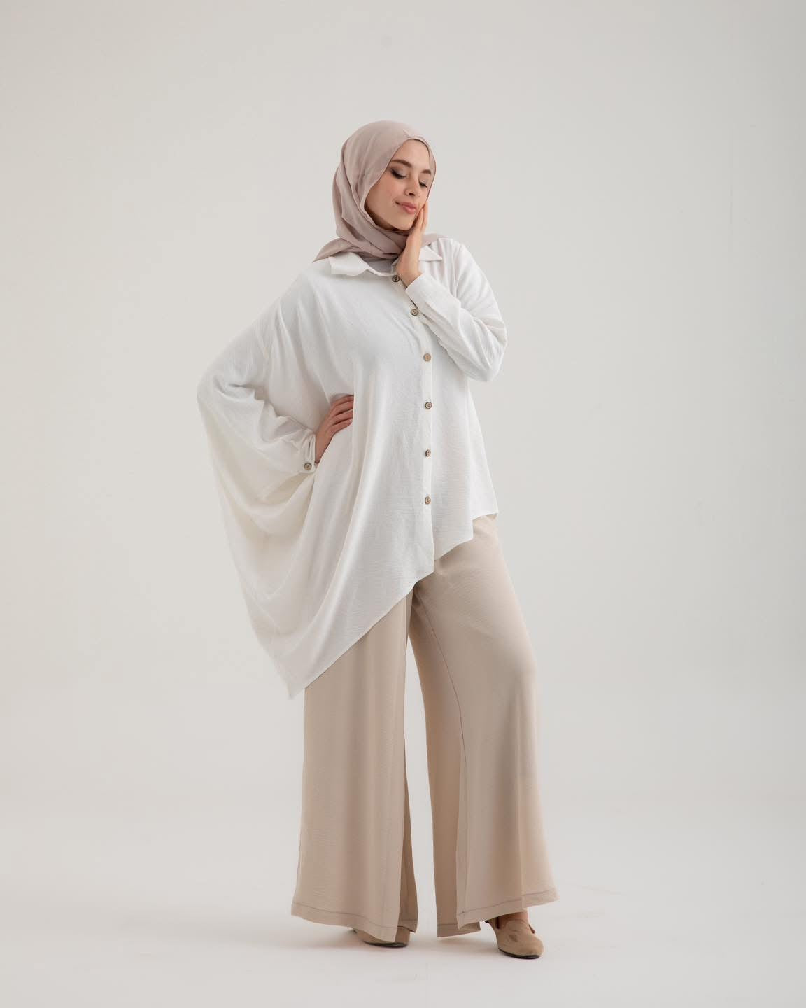 Layal Ivory Flow | Asymmetrical Shirt with Wide-Leg Trousers Set
