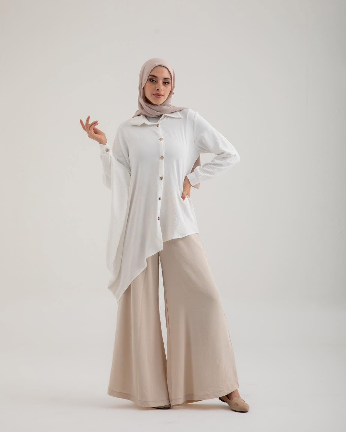 Layal Ivory Flow | Asymmetrical Shirt with Wide-Leg Trousers Set