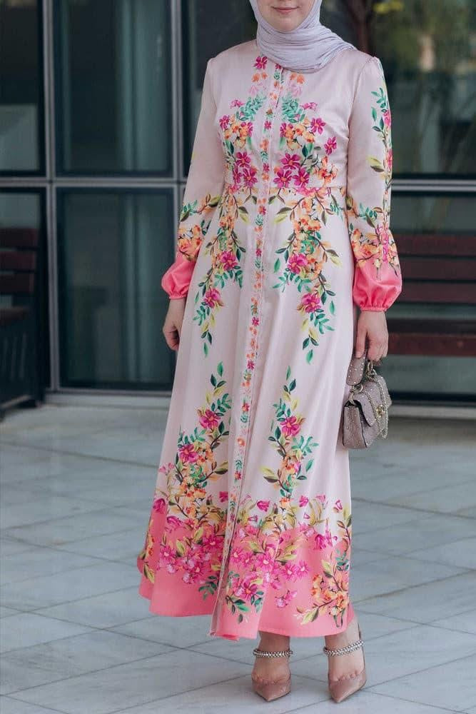 Noha floral print maxi dress with long sleeve and front button fastening
