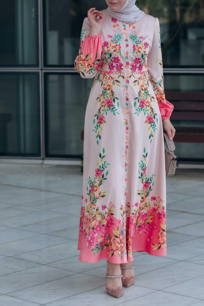 Noha floral print maxi dress with long sleeve and front button fastening