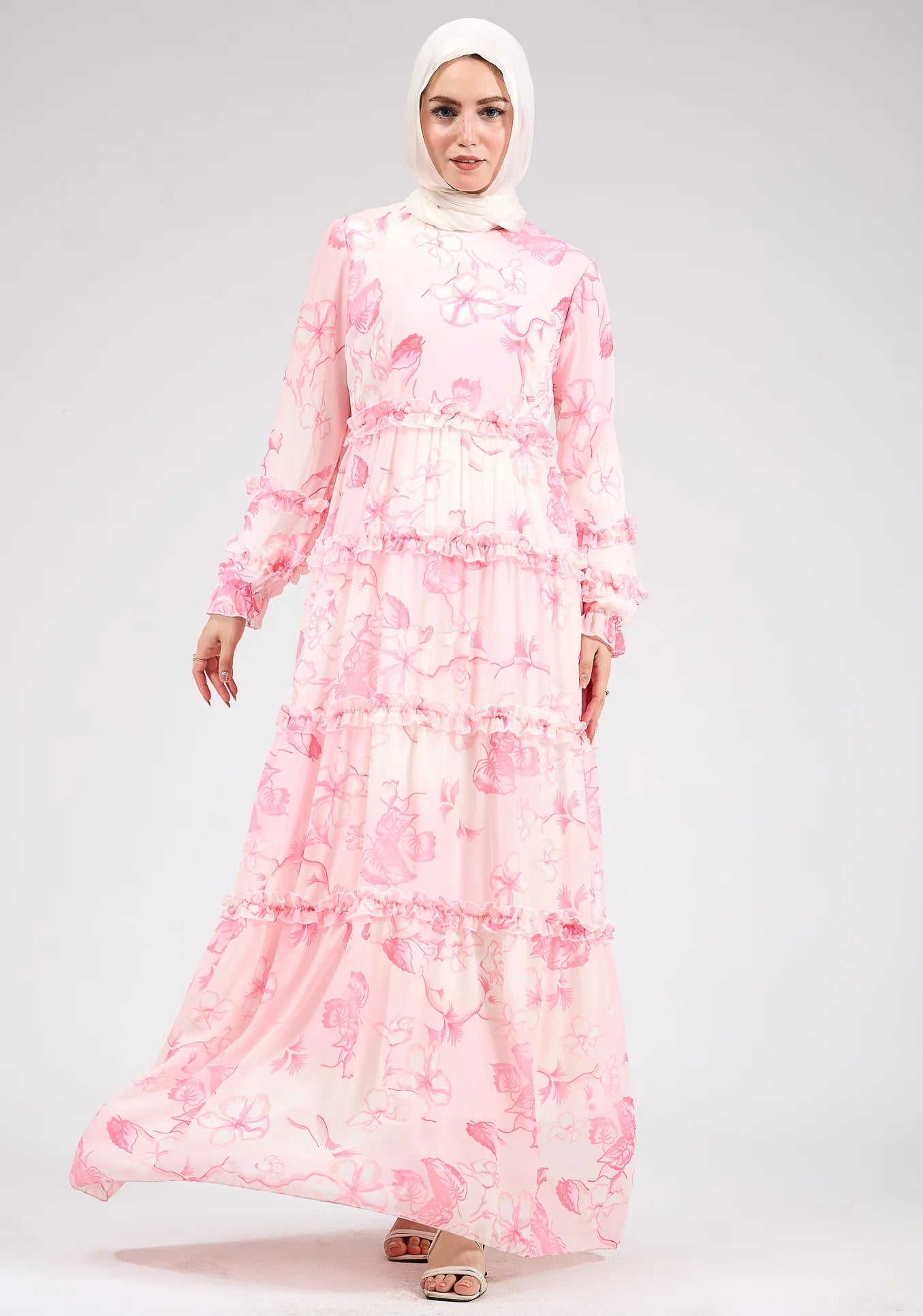 Huda Delicate Floral Chiffon Maxi Dress with Ruffle Tiers