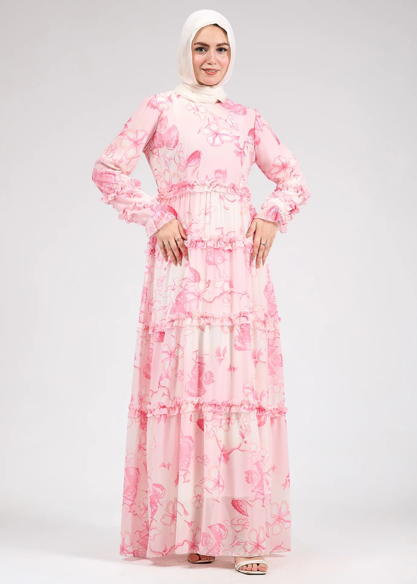 Huda Delicate Floral Chiffon Maxi Dress with Ruffle Tiers