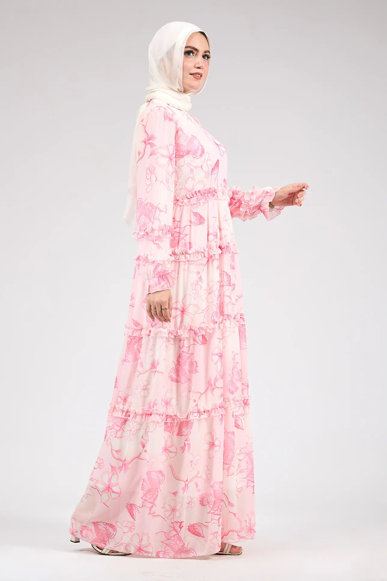 Huda Delicate Floral Chiffon Maxi Dress with Ruffle Tiers