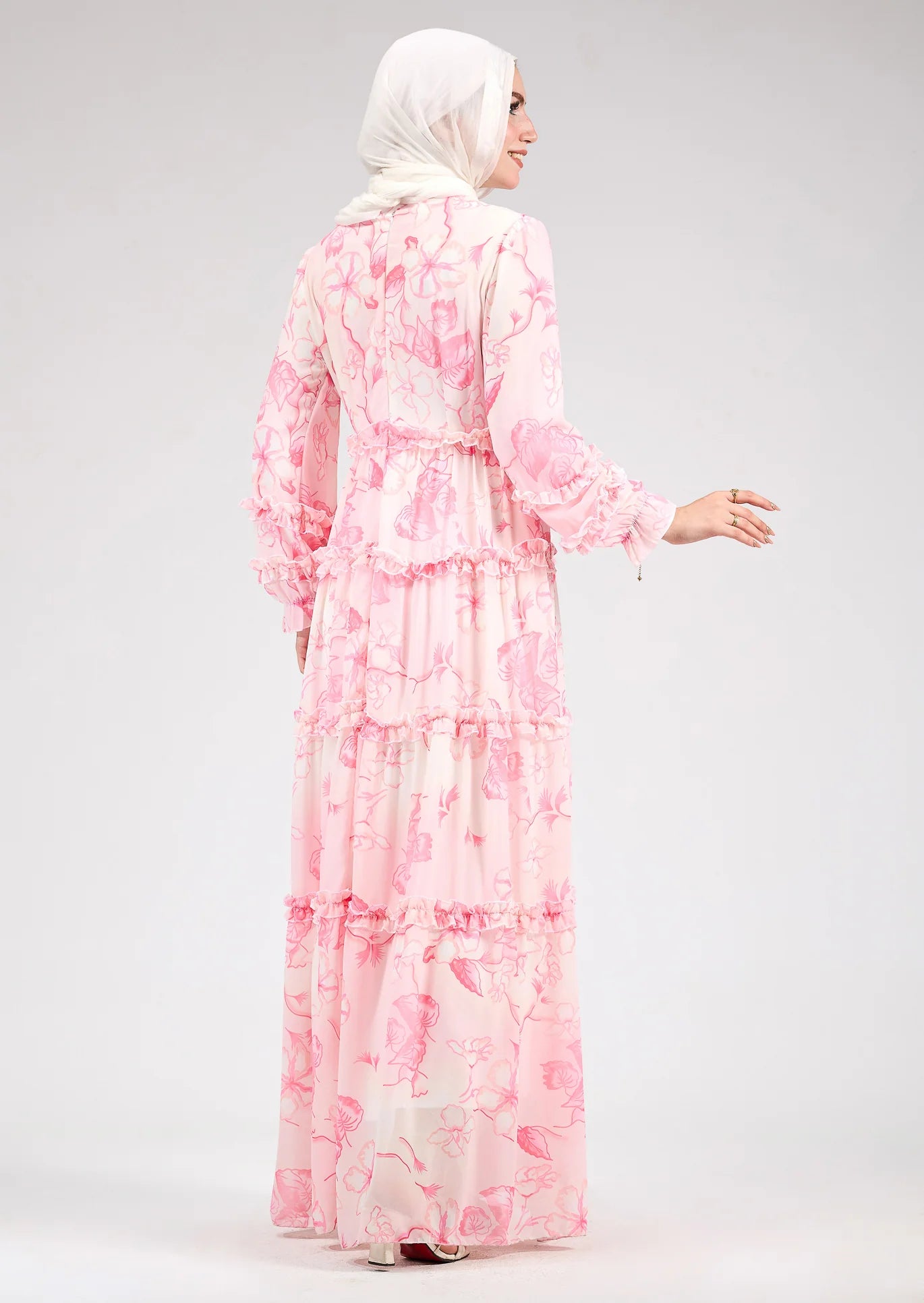 Huda Delicate Floral Chiffon Maxi Dress with Ruffle Tiers