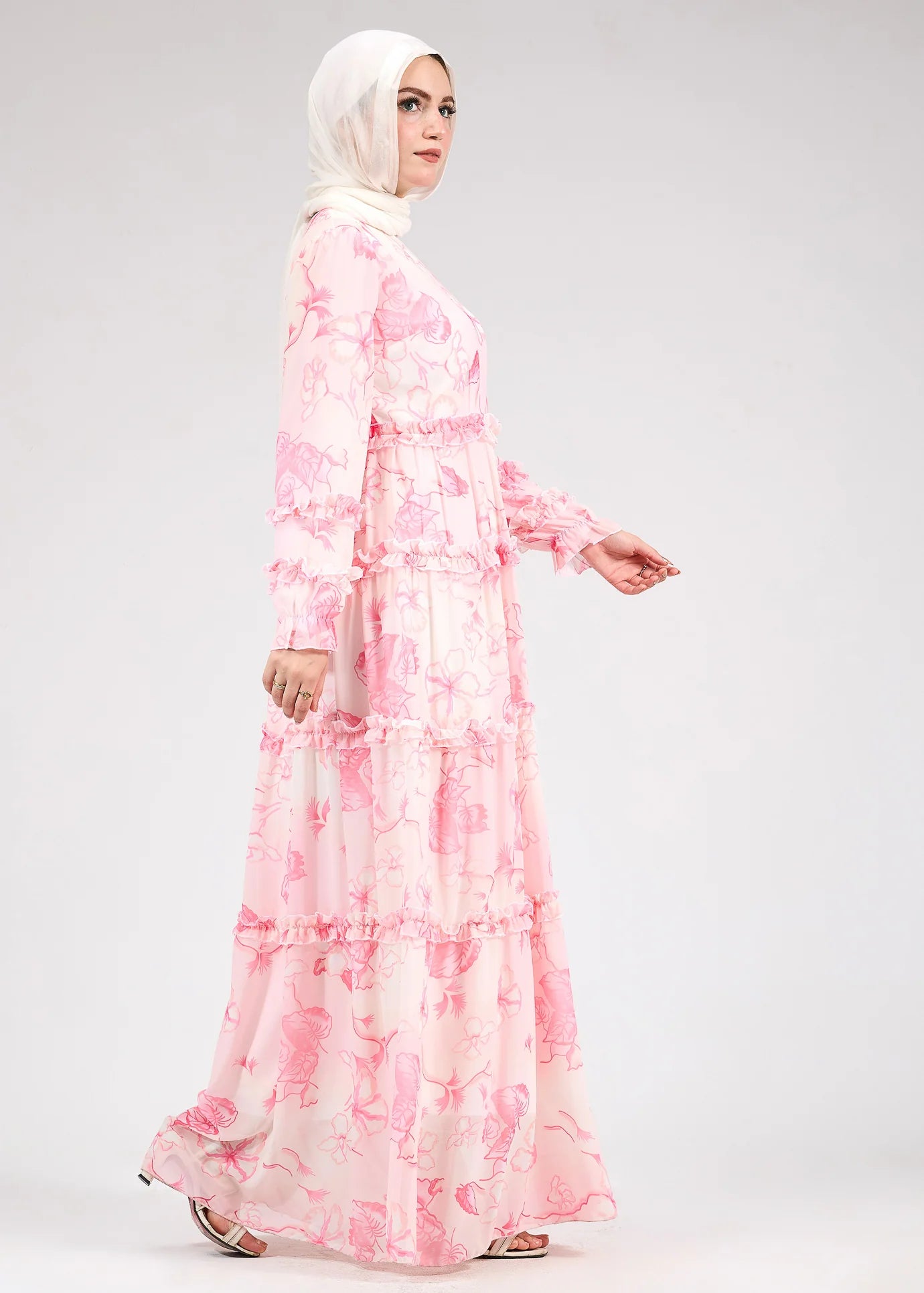 Huda Delicate Floral Chiffon Maxi Dress with Ruffle Tiers