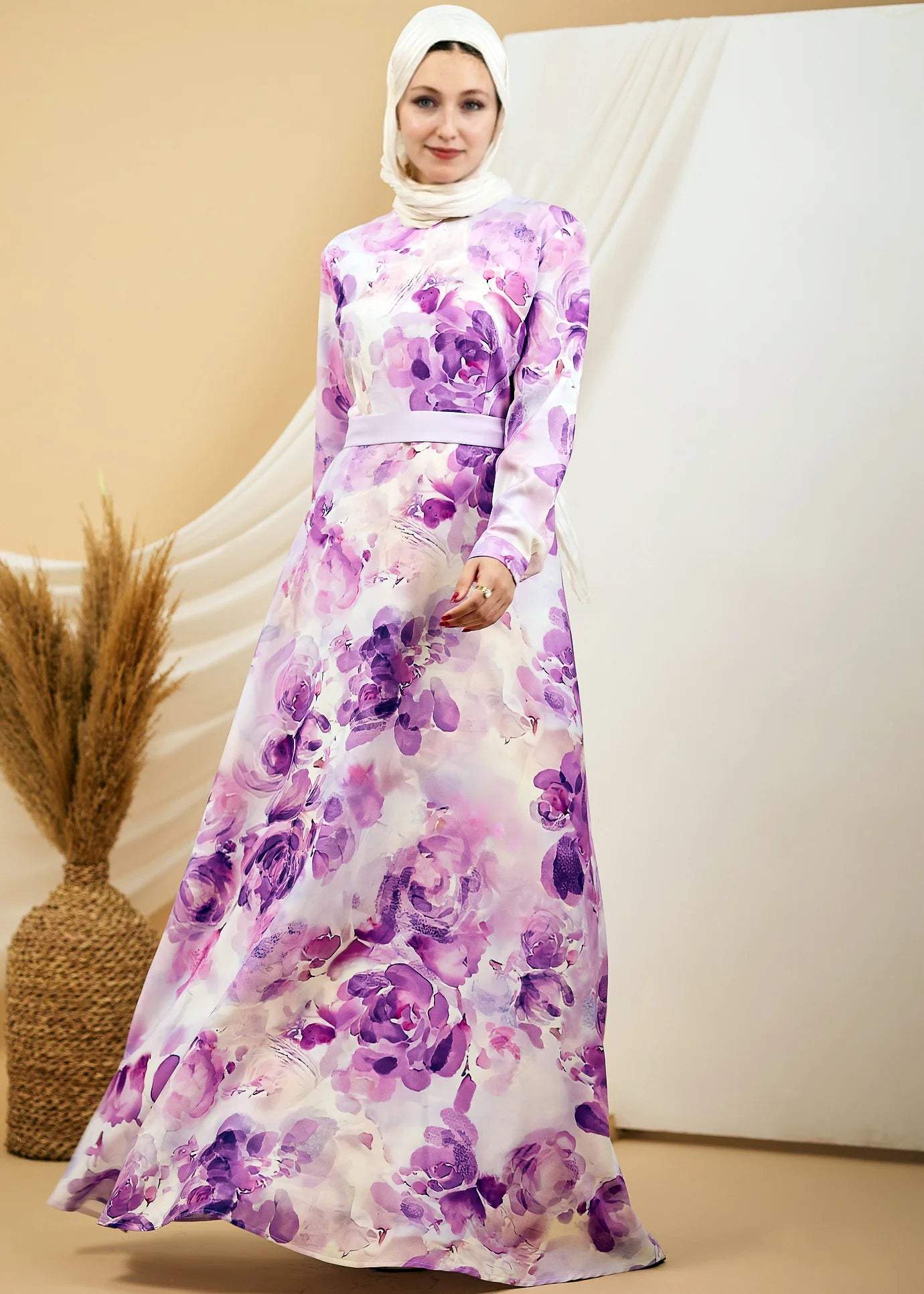 Hend Lavender Blossom Elegance Crepe Maxi Dress with Floral Print