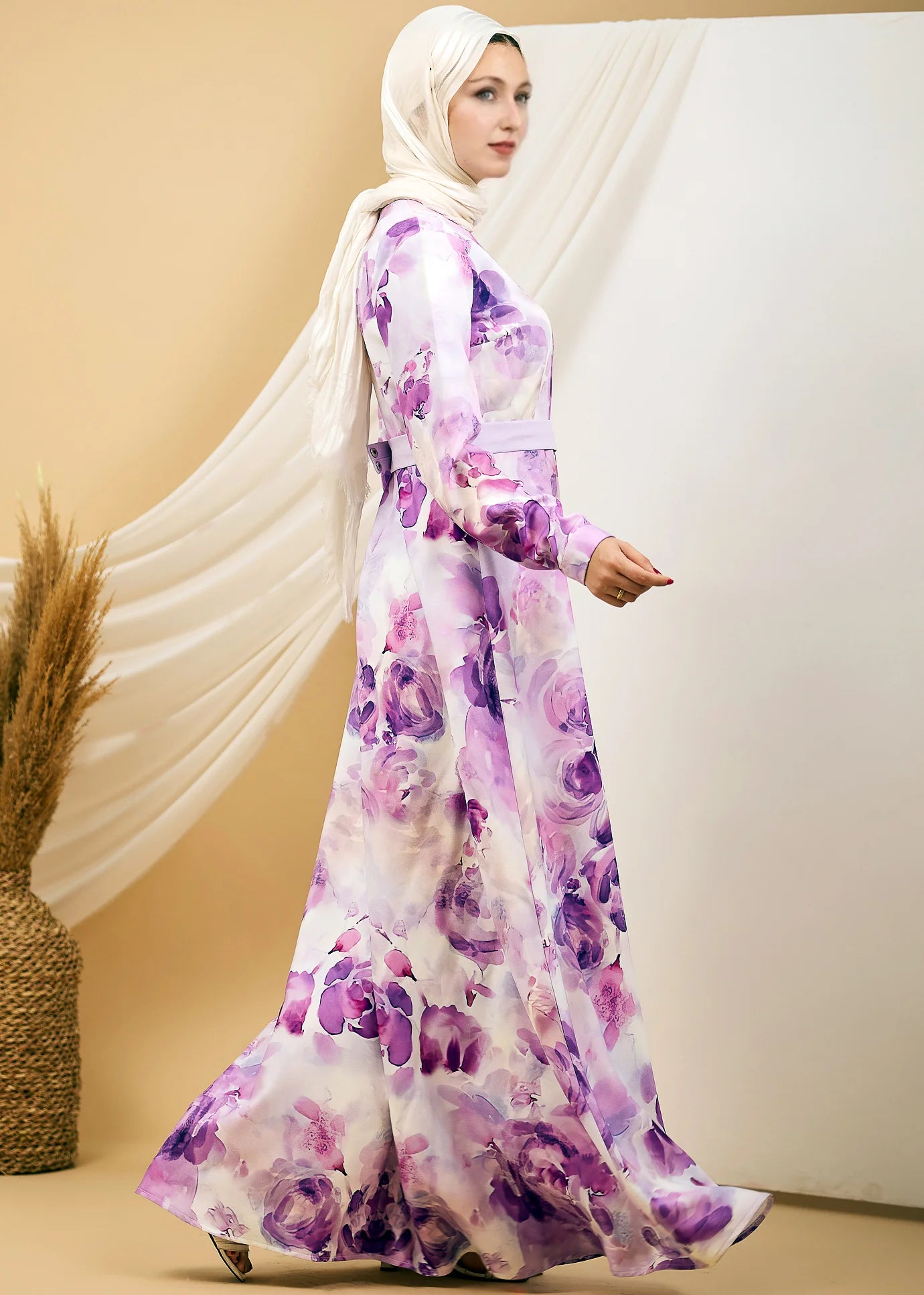 Hend Lavender Blossom Elegance Crepe Maxi Dress with Floral Print
