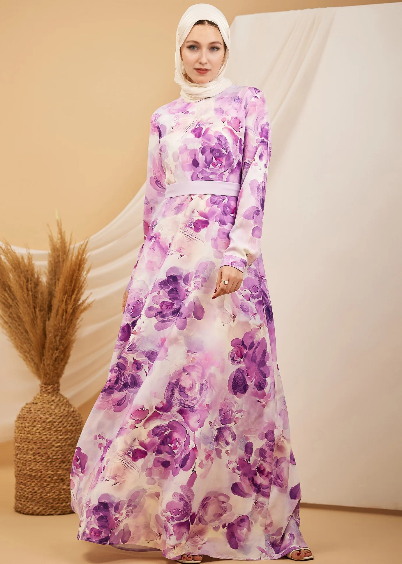 Hend Lavender Blossom Elegance Crepe Maxi Dress with Floral Print