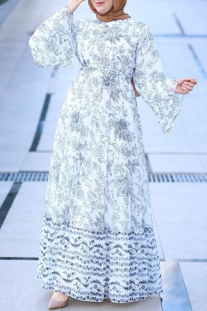 Rana Elegant Black & White Print Maxi Dress | Detachable Belt - Modest Style