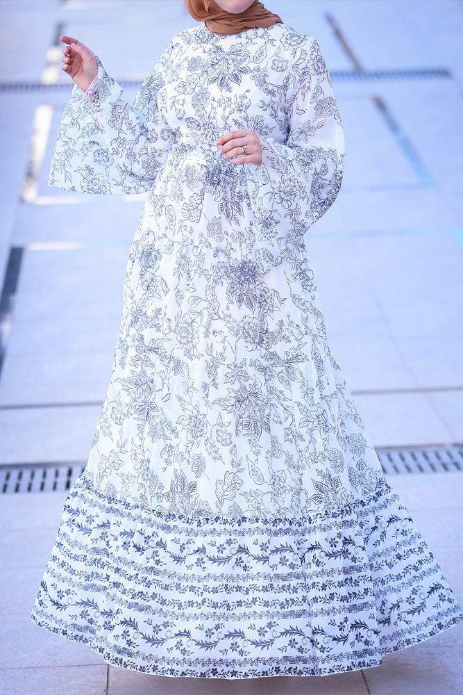 Rana Elegant Black & White Print Maxi Dress | Detachable Belt - Modest Style