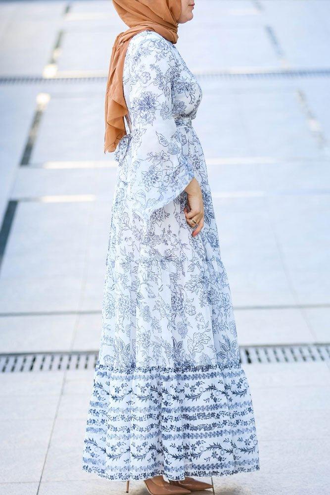 Rana Elegant Black & White Print Maxi Dress | Detachable Belt - Modest Style