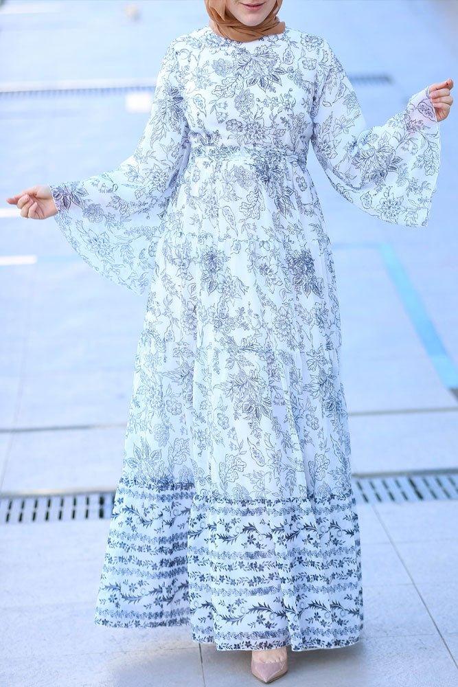 Rana Elegant Black & White Print Maxi Dress | Detachable Belt - Modest Style