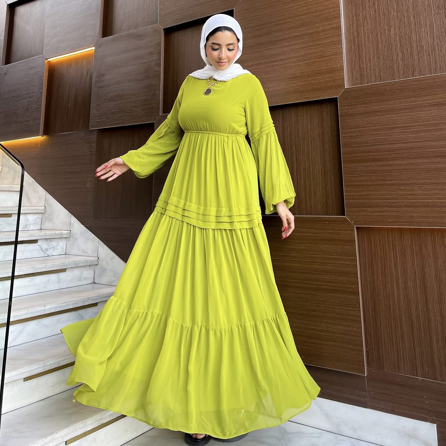 Hader Classic Long Sleeve Chiffon Yellow Dress