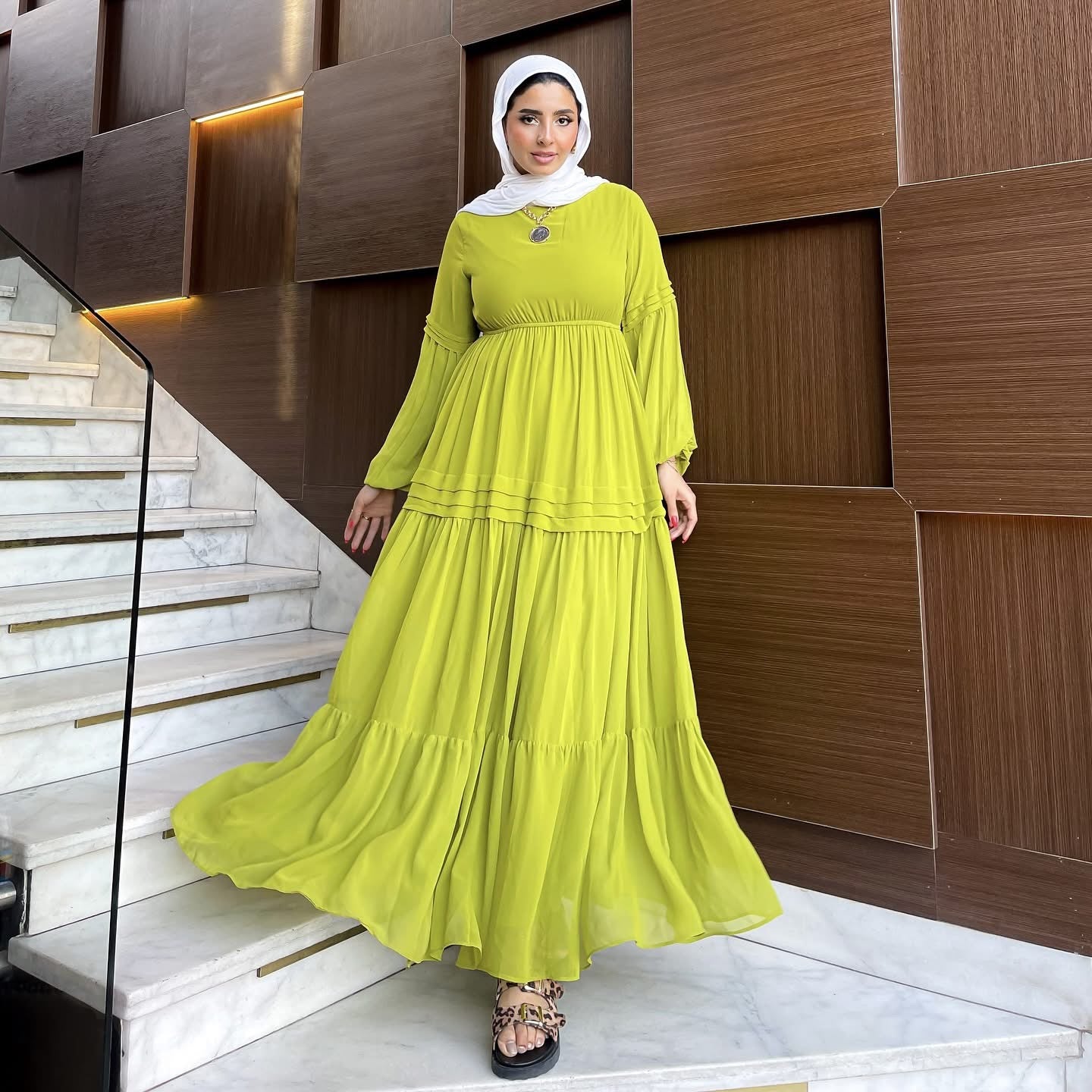 Hader Classic Long Sleeve Chiffon Yellow Dress