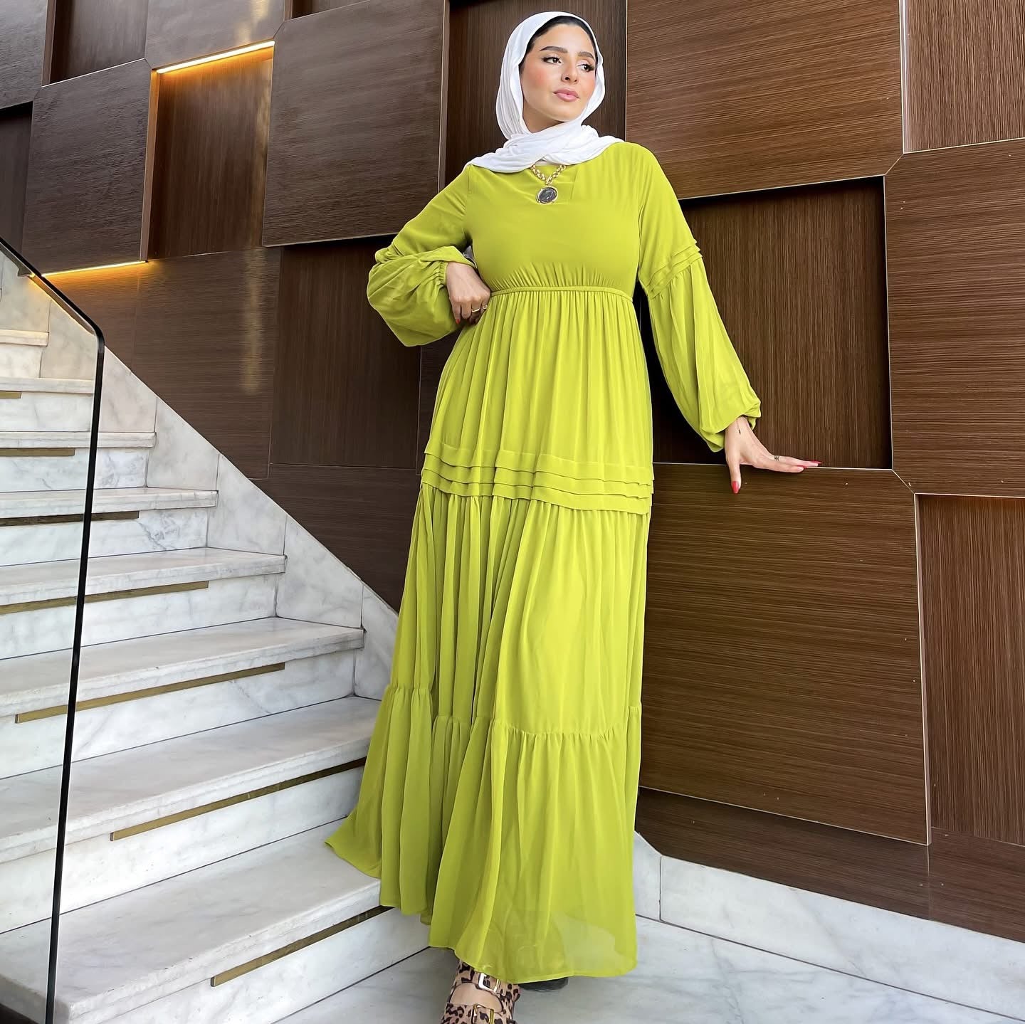 Hader Classic Long Sleeve Chiffon Yellow Dress