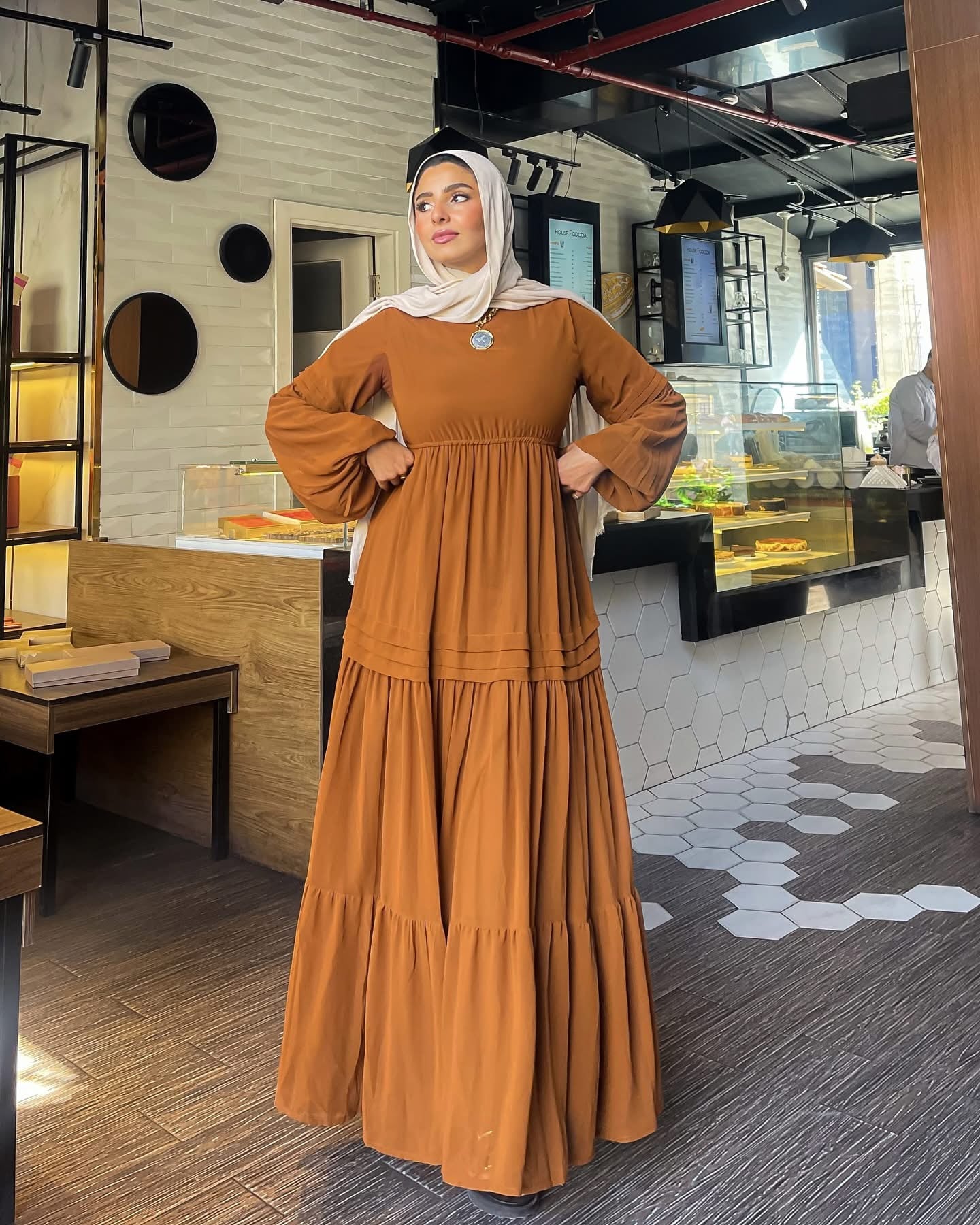 Samaa Classic Long Sleeve Chiffon Brown Dress