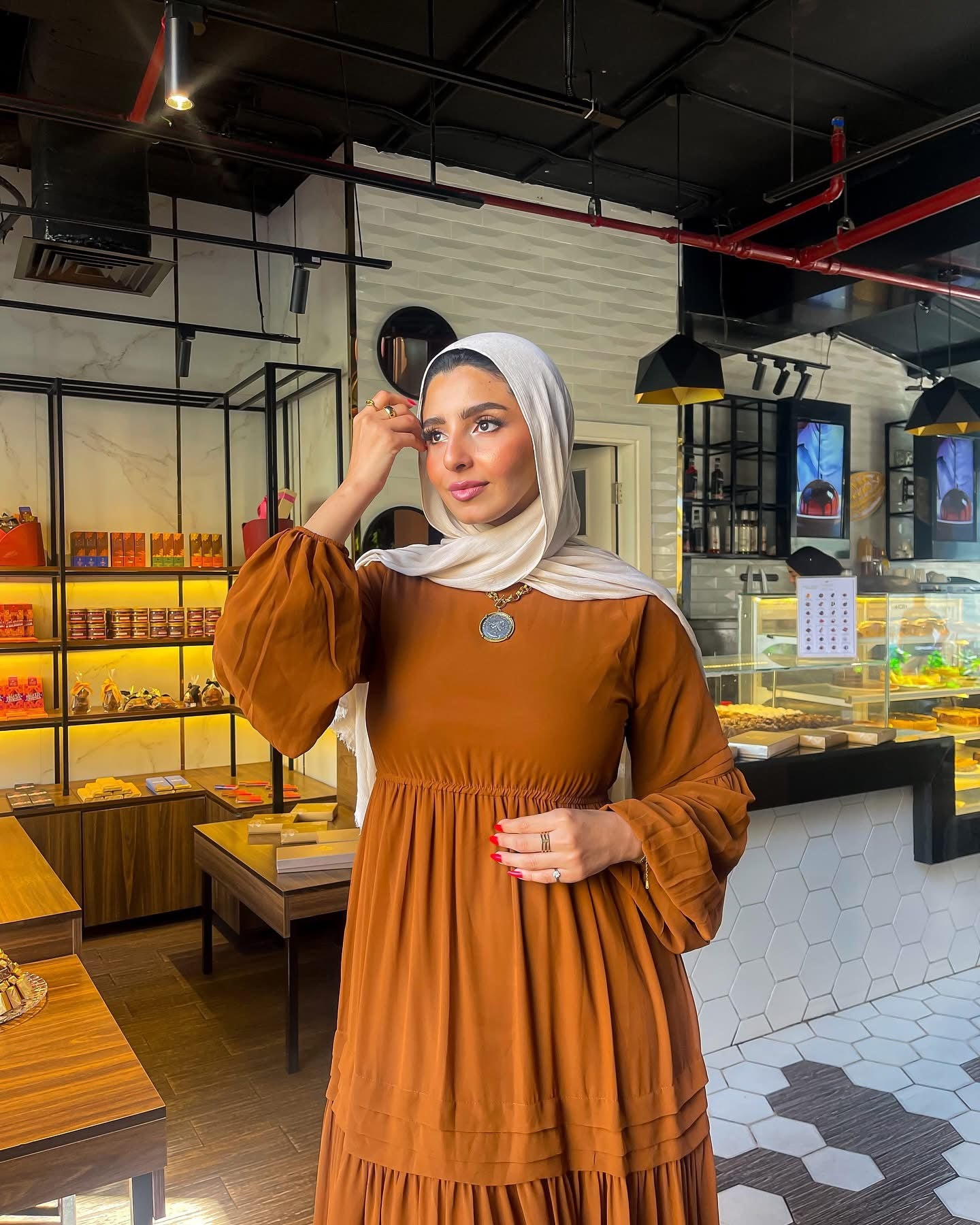 Samaa Classic Long Sleeve Chiffon Brown Dress
