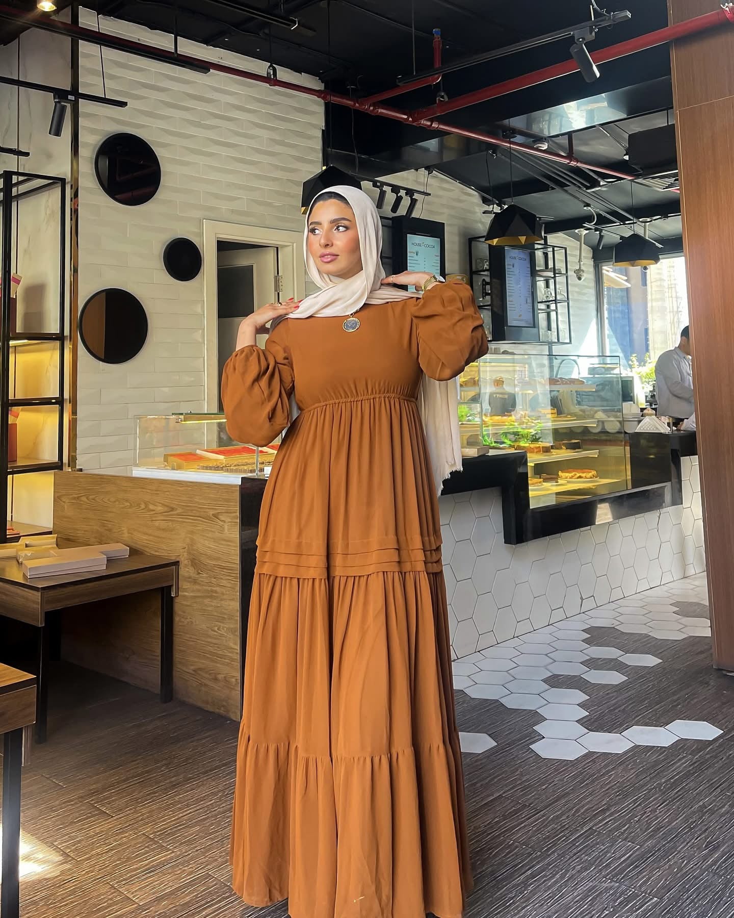 Samaa Classic Long Sleeve Chiffon Brown Dress