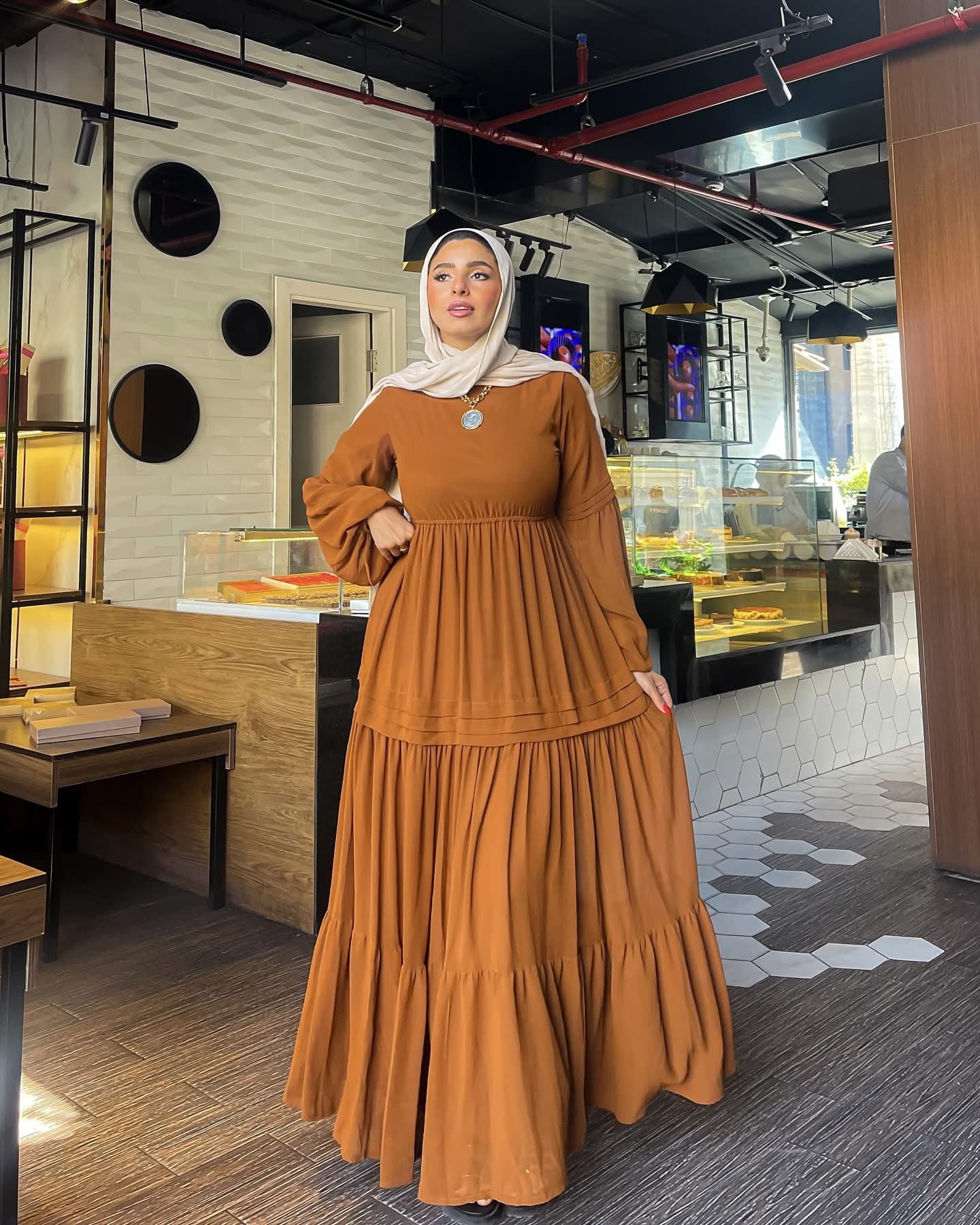 Samaa Classic Long Sleeve Chiffon Brown Dress