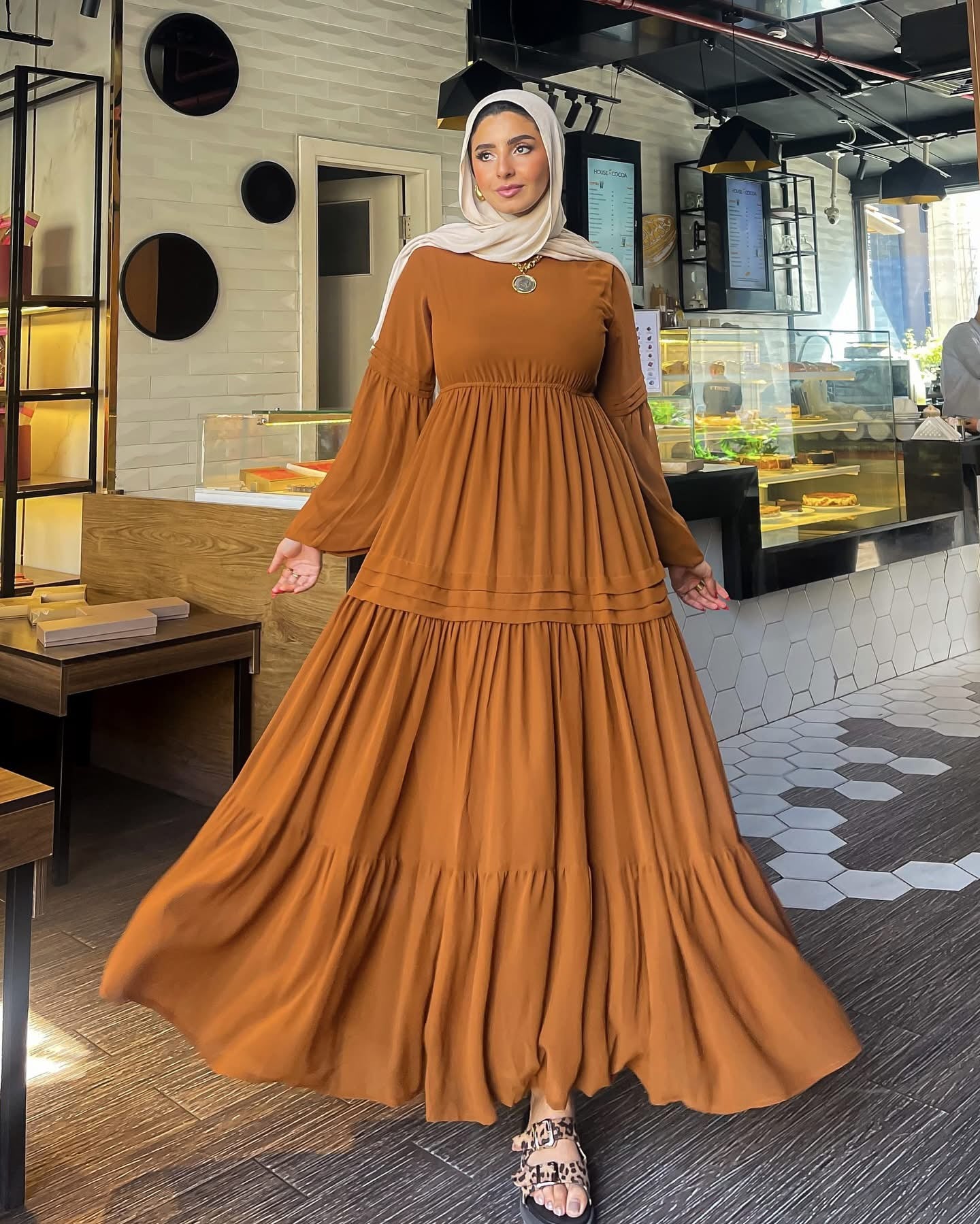 Samaa Classic Long Sleeve Chiffon Brown Dress