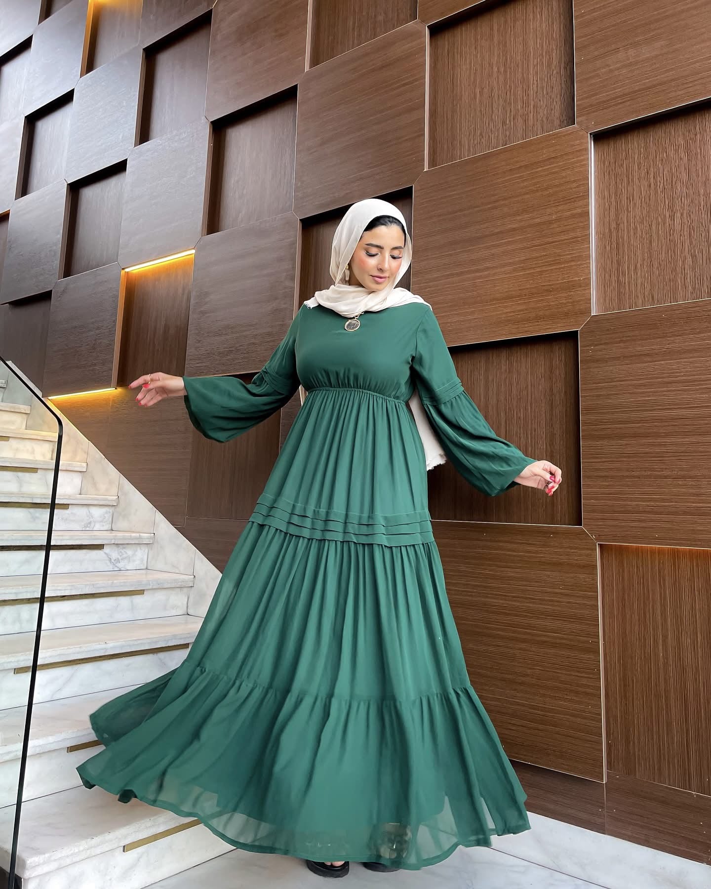 Hana Classic Long Sleeve Chiffon Green Dress