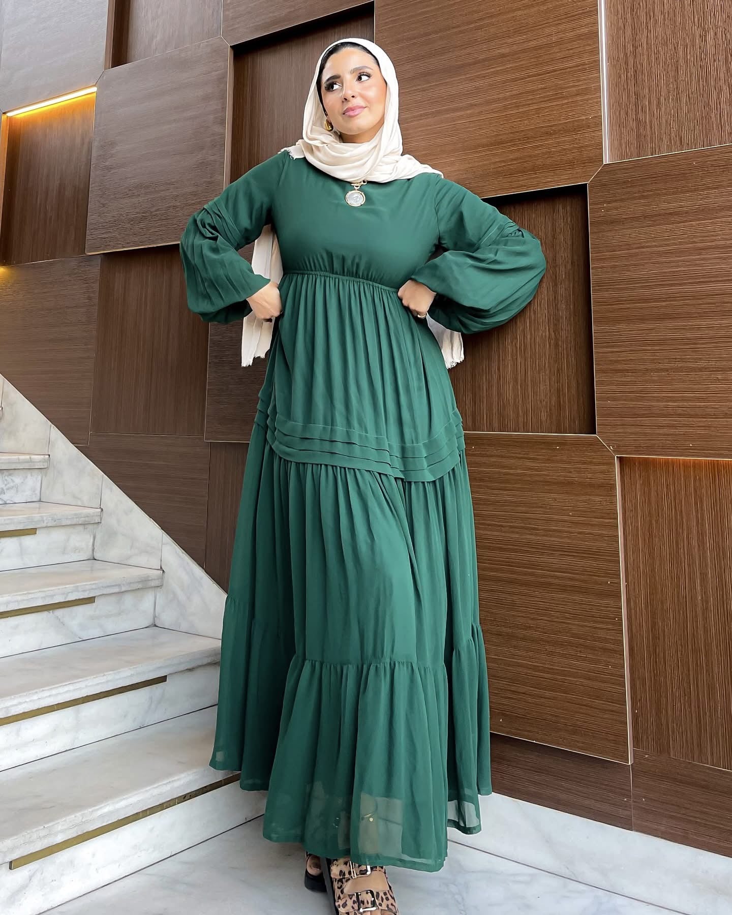 Hana Classic Long Sleeve Chiffon Green Dress