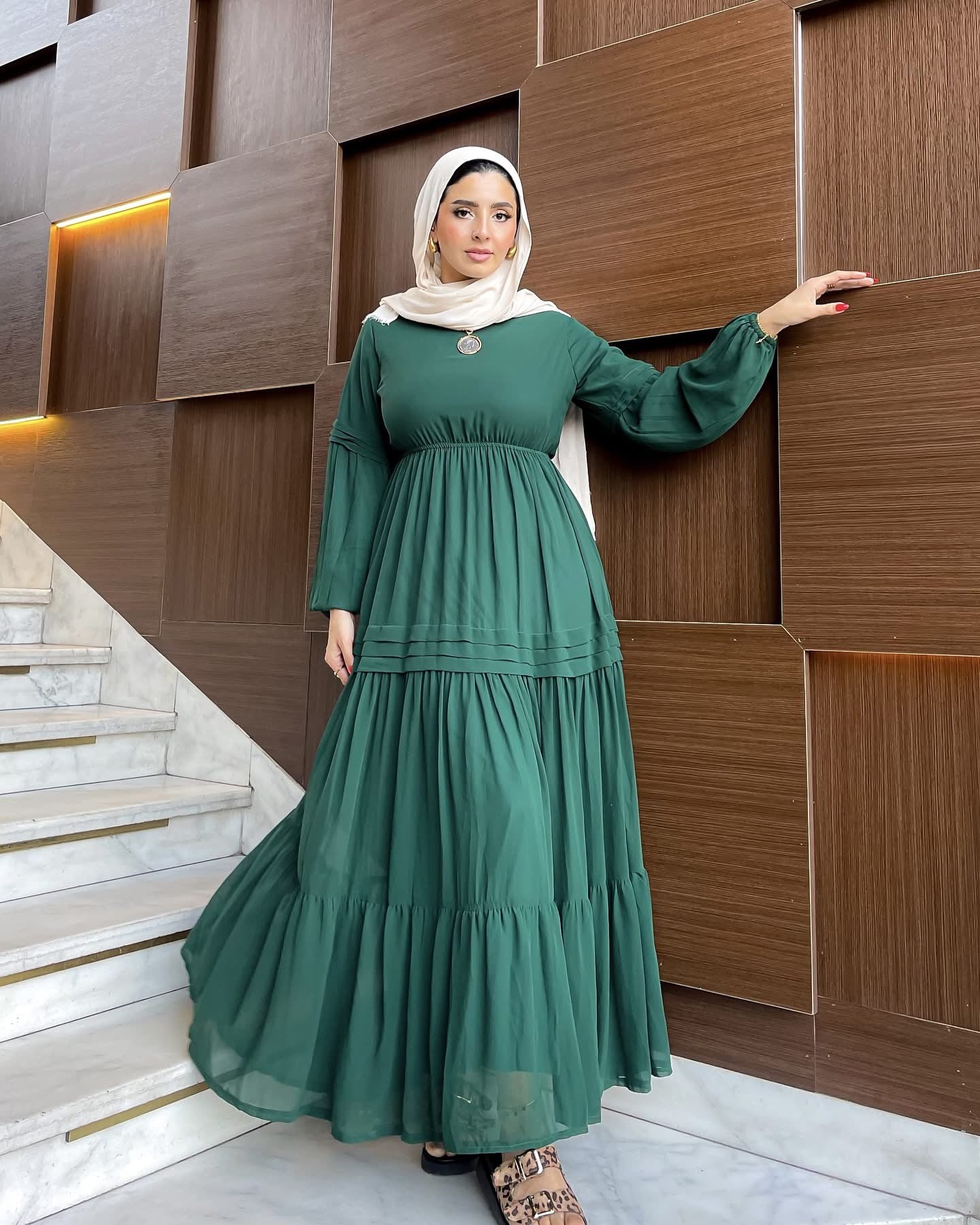 Hana Classic Long Sleeve Chiffon Green Dress