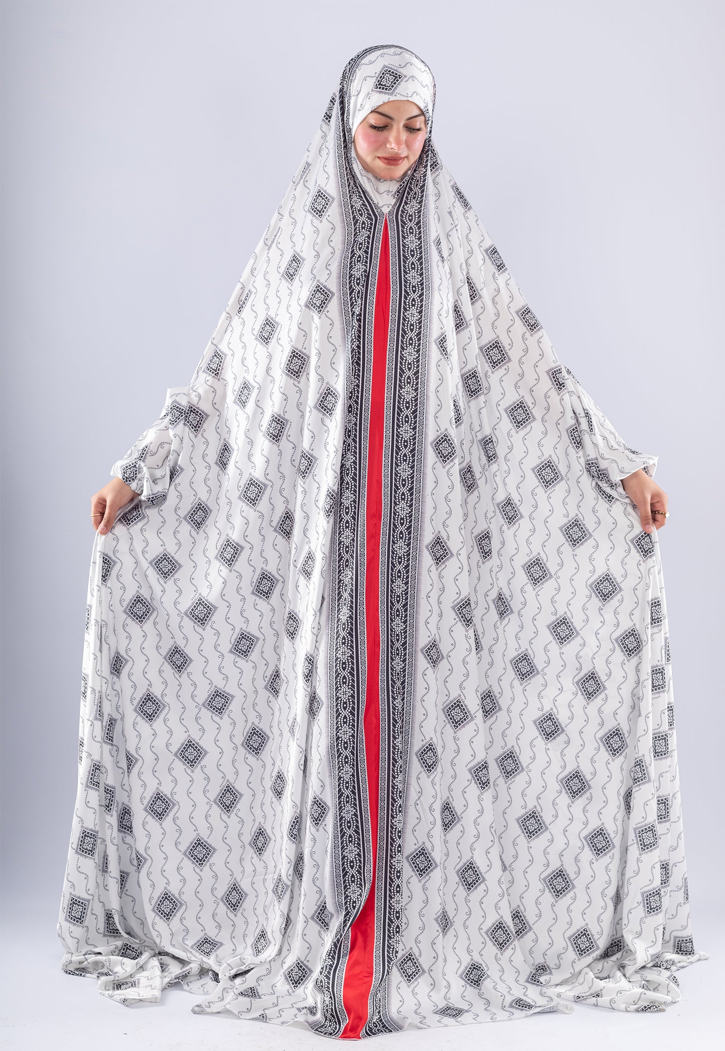 Elegant Black & White Print Satin Prayer Gown | Red Inner Layer