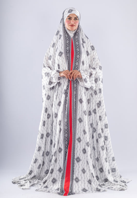 Elegant Black & White Print Satin Prayer Gown | Red Inner Layer
