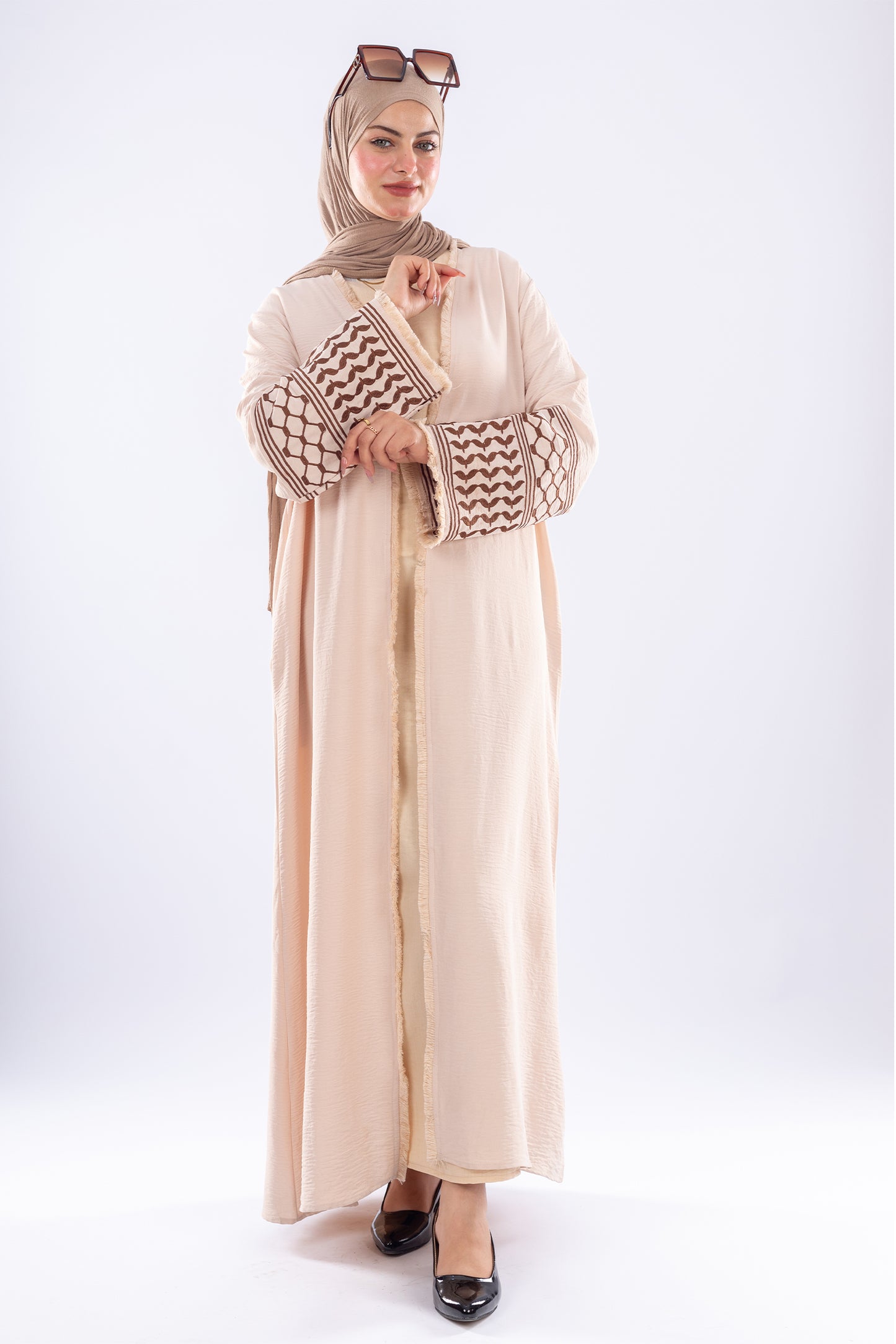 Elegant Beige Keffiyeh Inspired Abaya - Modest Fashion