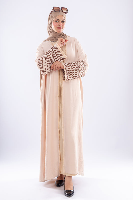 Elegant Beige Keffiyeh Inspired Abaya - Modest Fashion
