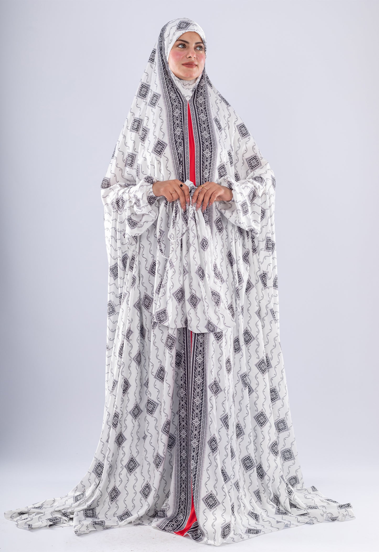Elegant Black & White Print Satin Prayer Gown | Red Inner Layer