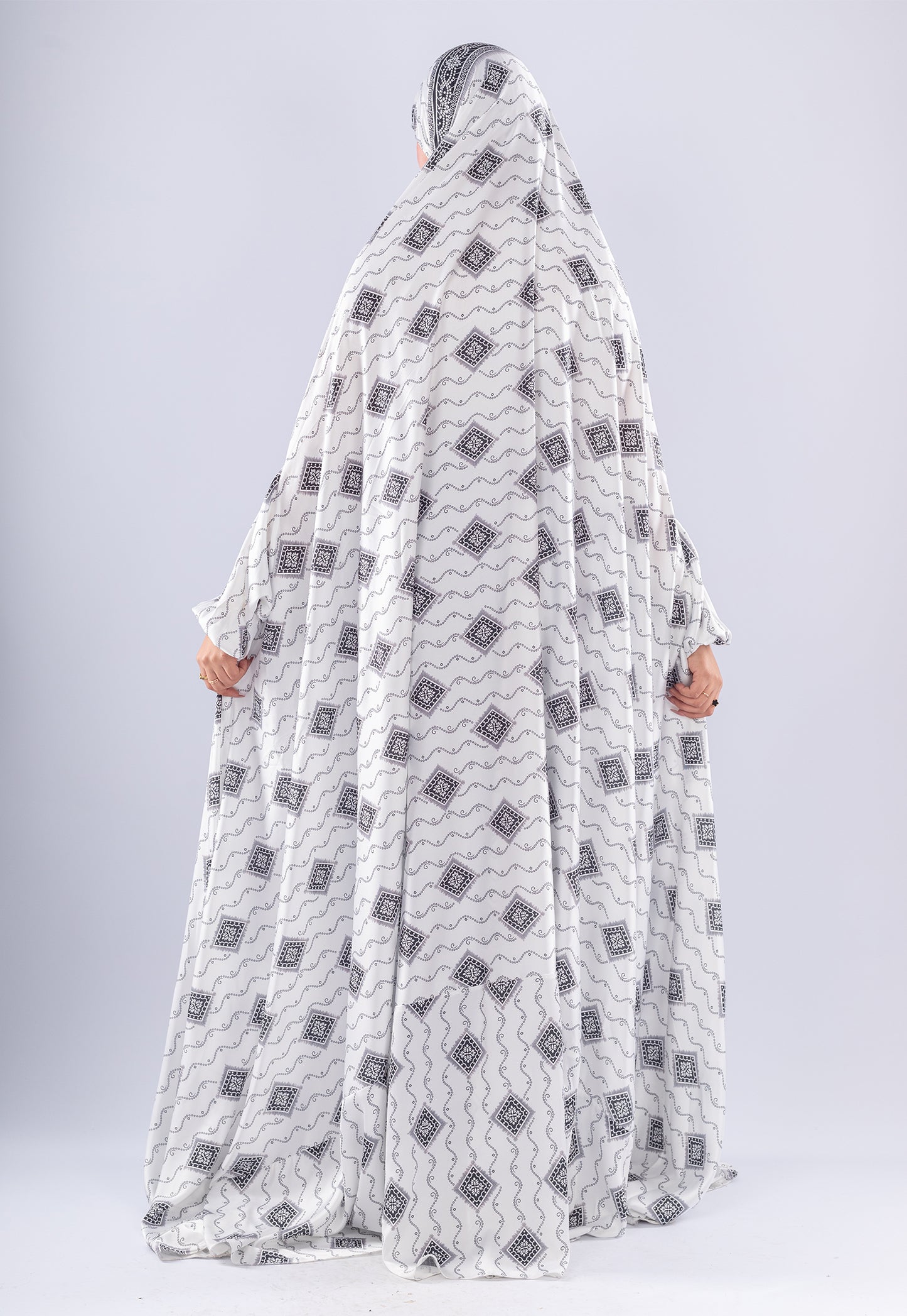 Elegant Black & White Print Satin Prayer Gown | Red Inner Layer