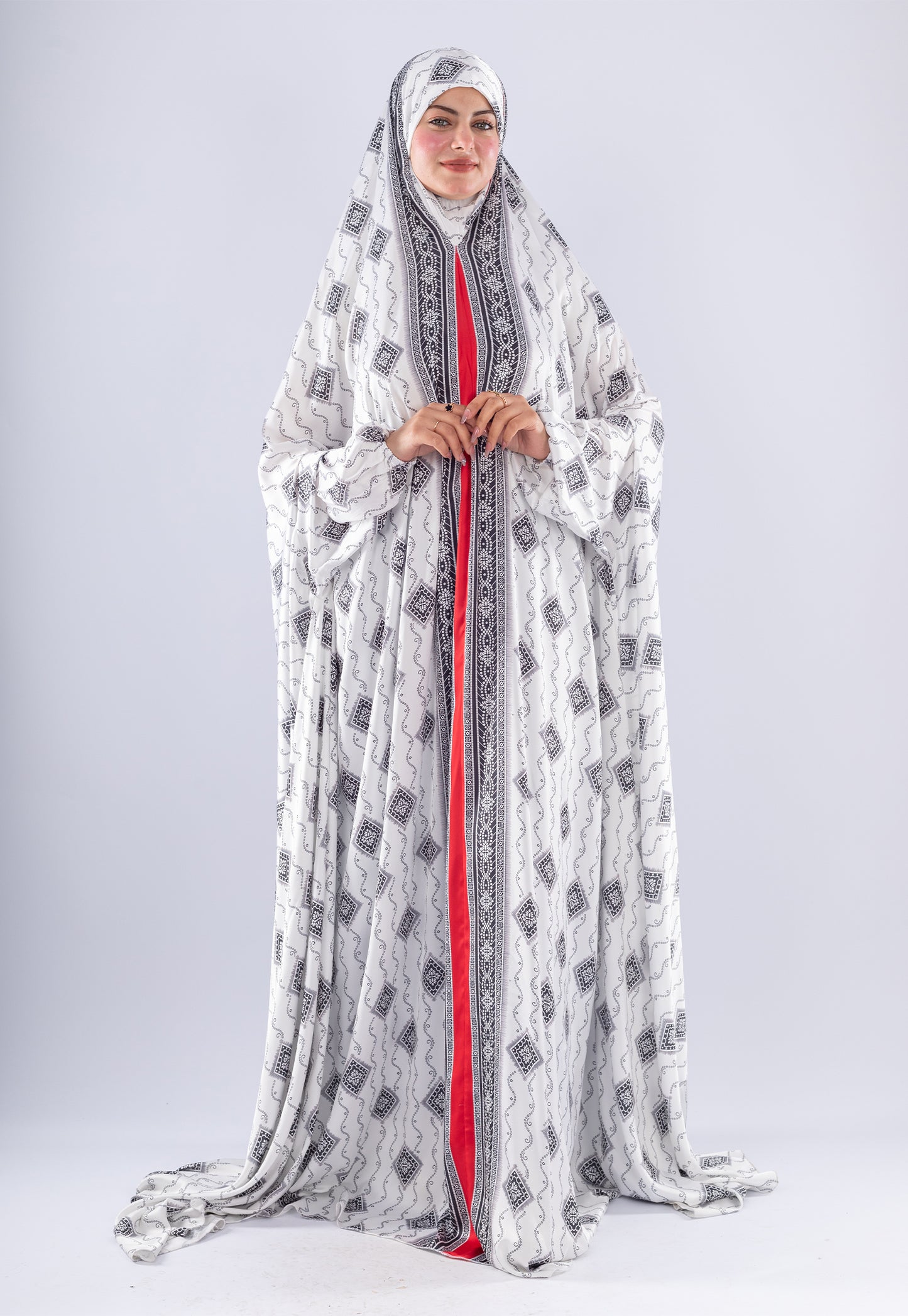 Elegant Black & White Print Satin Prayer Gown | Red Inner Layer