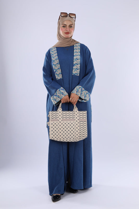 Elegant Denim Abaya with Floral Embroidery