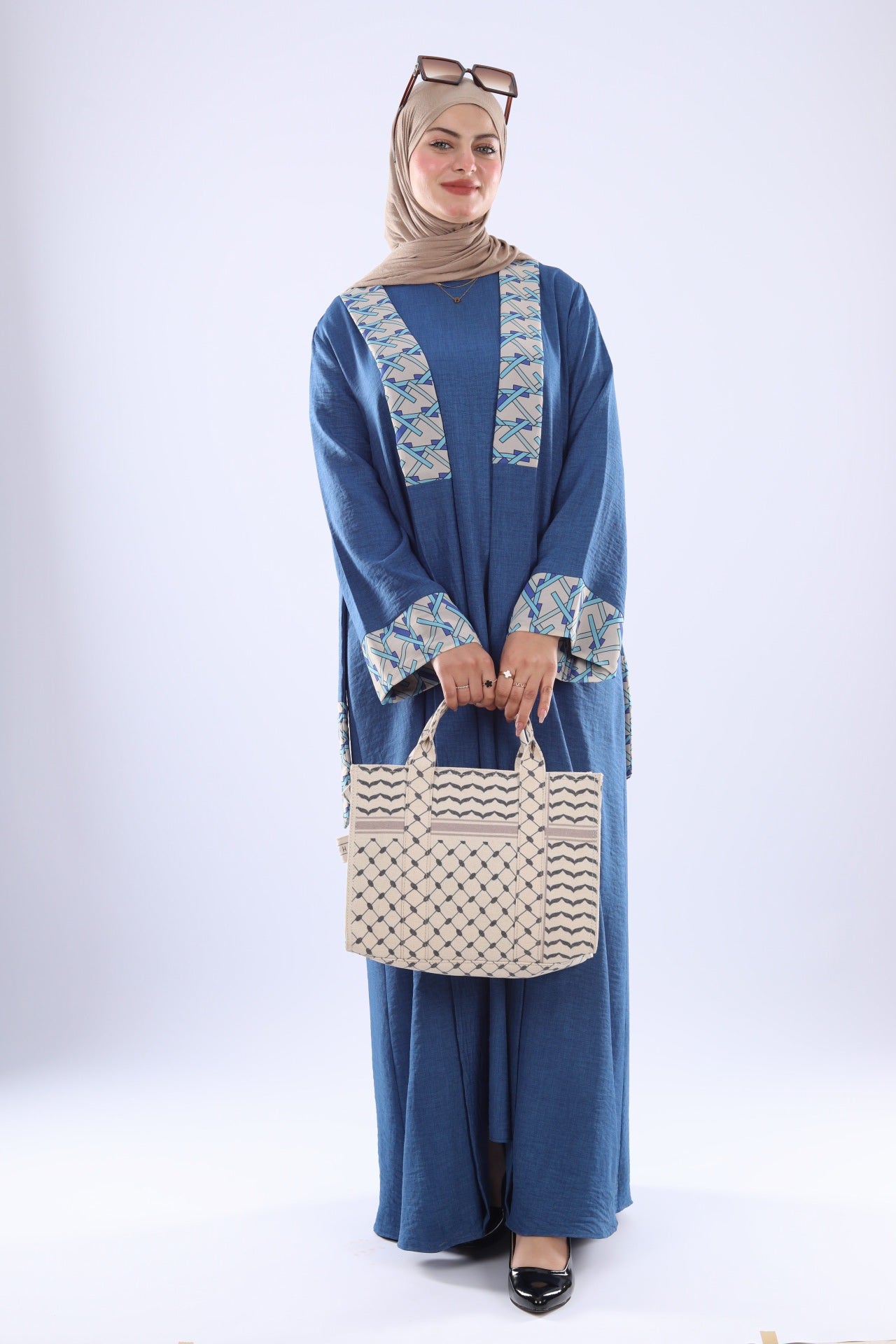 Elegant Denim Abaya with Floral Embroidery